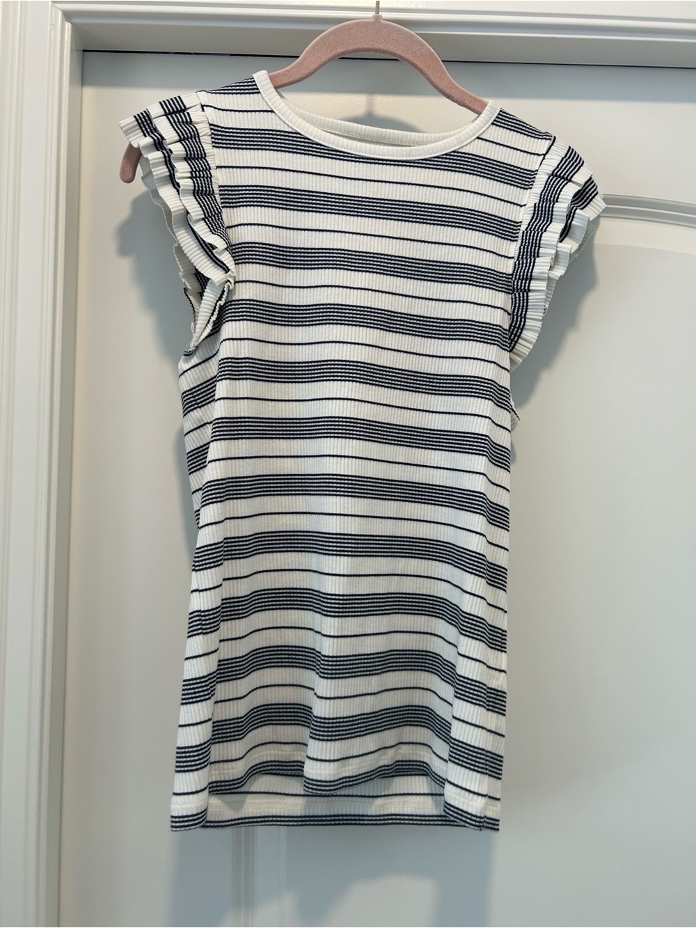 J. Crew White and Navy Striped Ruffle-Sleeve Top